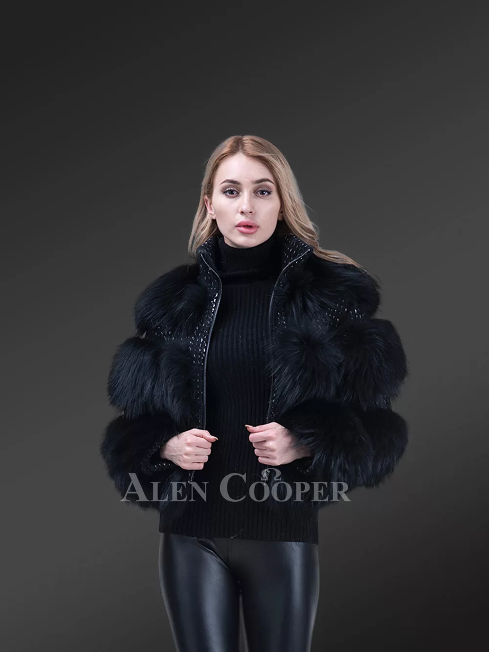 coal black real fox fur short winter coat for women