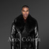 Super stylish real leather black biker jacket with black fox fur