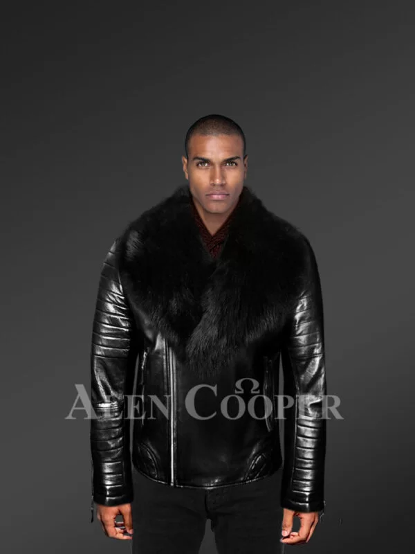 Super stylish real leather black biker jacket with black fox fur