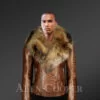 Tan Leather Jacket with Raccoon Fur Collar