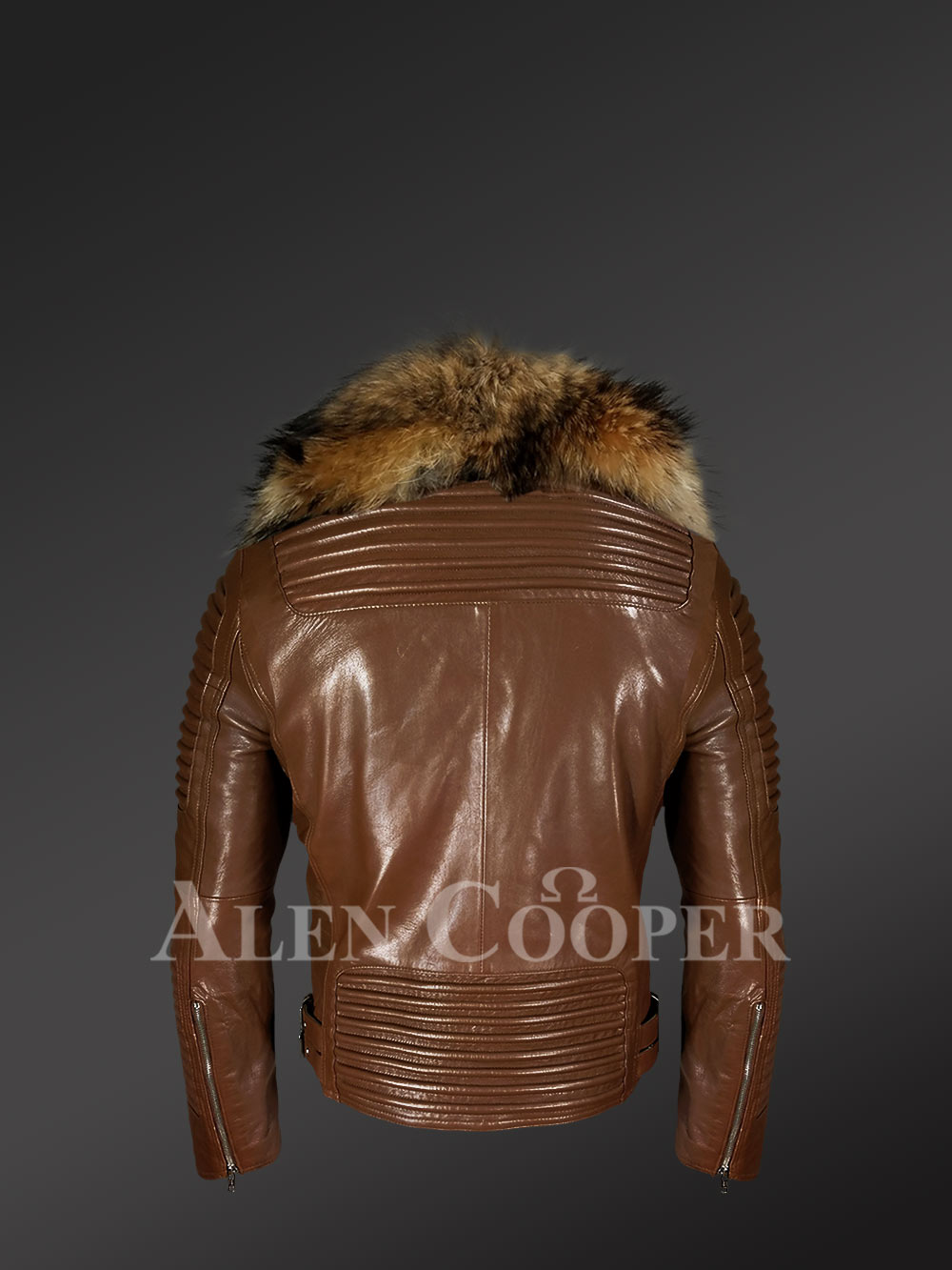 Tan Leather Jacket with Raccoon Fur Collar - Image 5