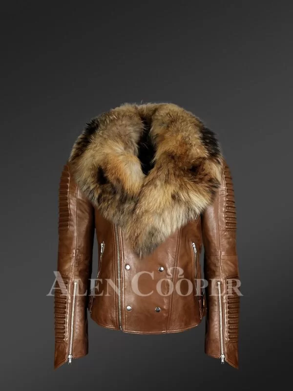 Tan Leather Jacket with Raccoon Fur Collar - Image 3