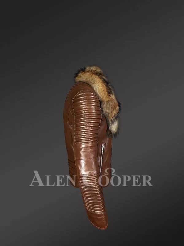 Tan Leather Jacket with Raccoon Fur Collar - Image 4