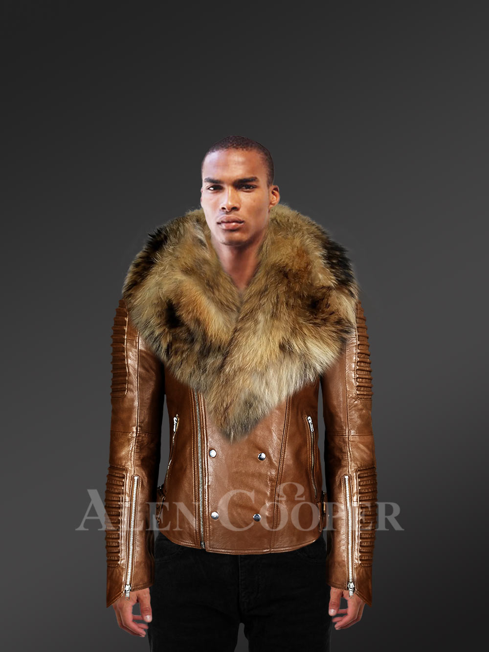 Men Biker Leather Jacket with raccoon fur collar