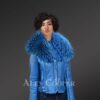 Teal Real leather Jacket with Raccoon fur collar for Women