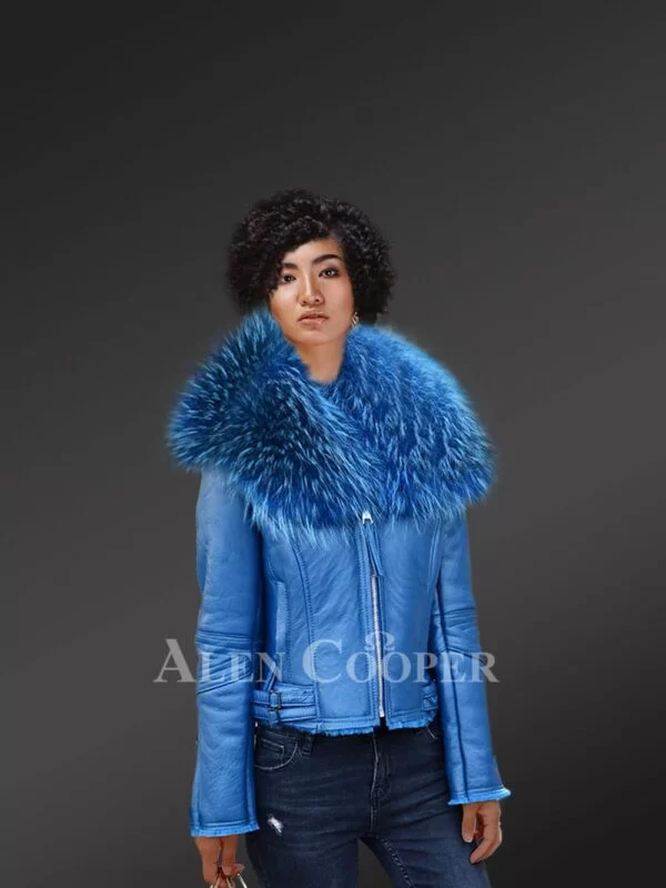 Teal Real leather Jacket with Raccoon fur collar for Women