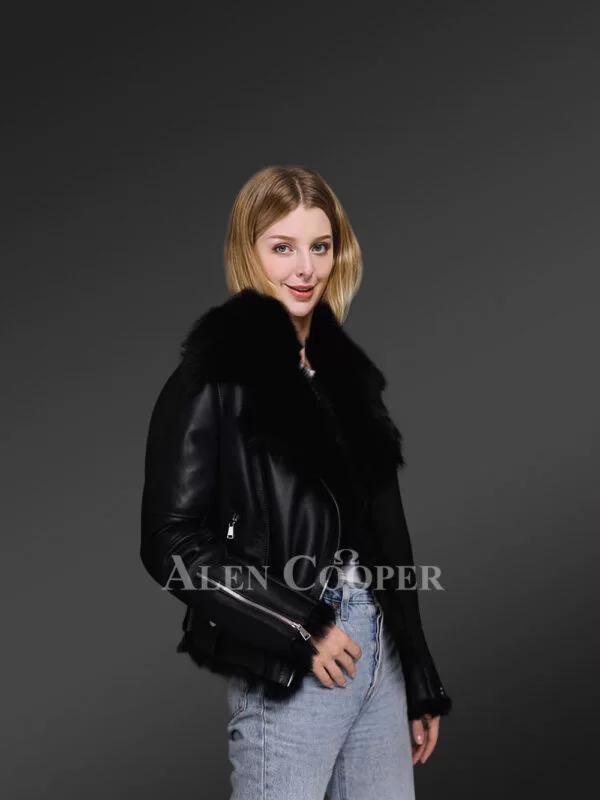 Toscana Shearling Jacket for Women in Black Nappa Finish - Image 3