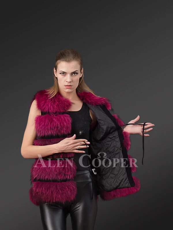 Trendy Real Fox Fur 5 Rows Paragraph Winter Vest in Wine for Women - Image 2