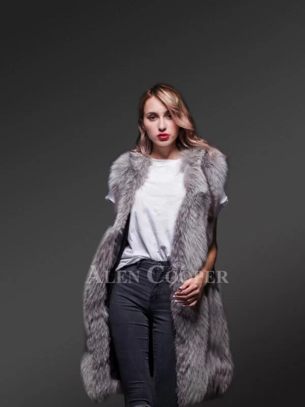 Trendy real fox fur long and sleeveless winter coat with inner side pockets