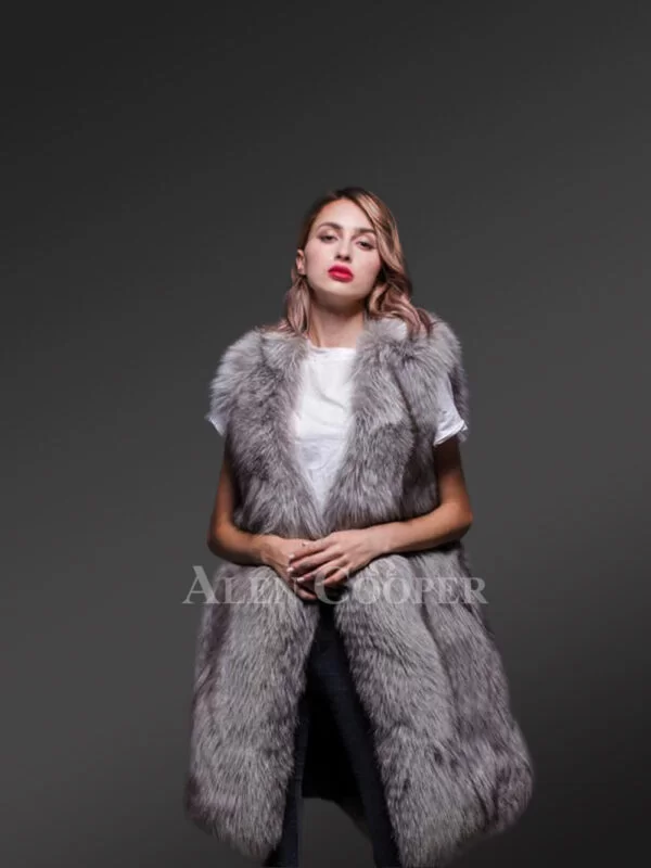 Trendy Real Fox Fur Long and Sleeveless Winter Coat with Inner Side Pockets - Image 6