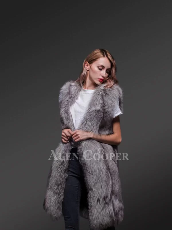 Trendy Real Fox Fur Long and Sleeveless Winter Coat with Inner Side Pockets - Image 4