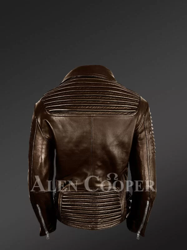 Brown Leather biker jacket with piped sleeves - Image 4