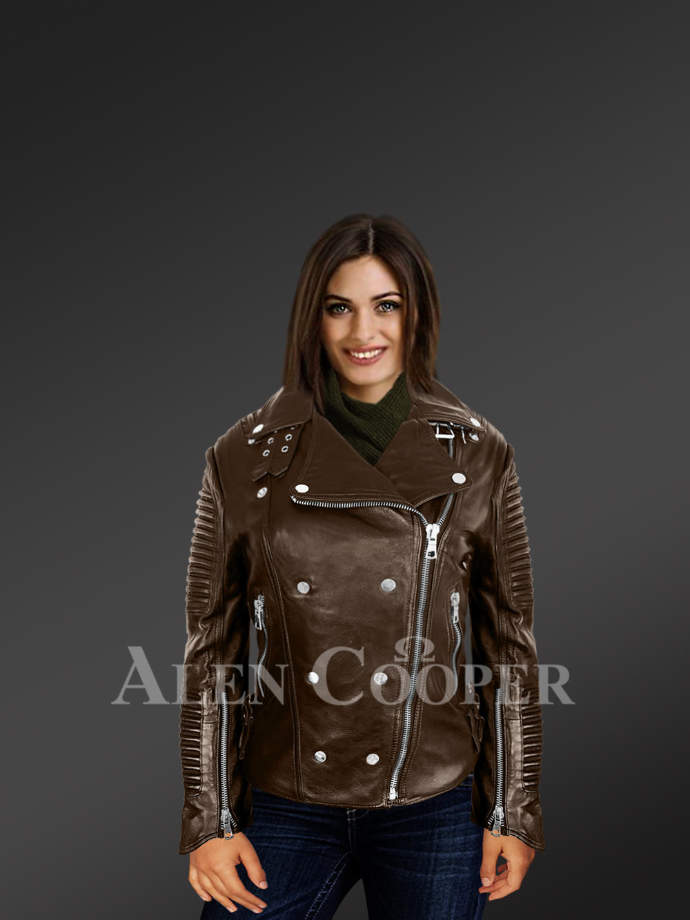 Brown Leather biker jacket with piped sleeves