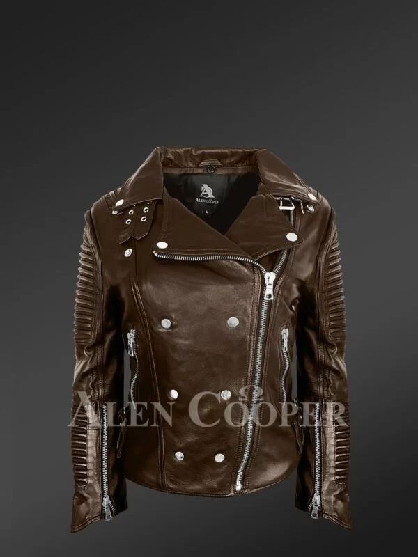 Brown Leather biker jacket with piped sleeves - Image 2