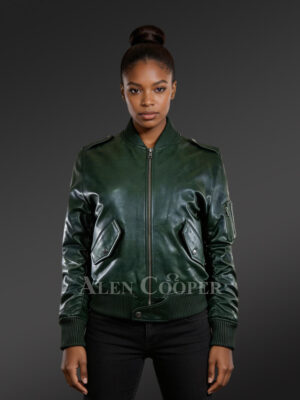 V Collar Italian Green Leather Jacket For Women