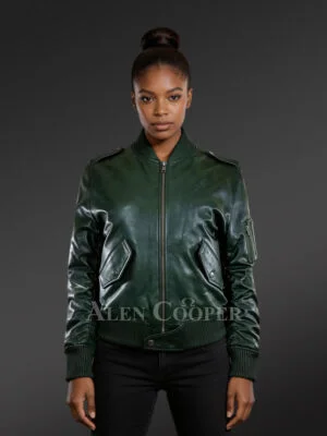 V Collar Italian Green Leather Jacket For Women