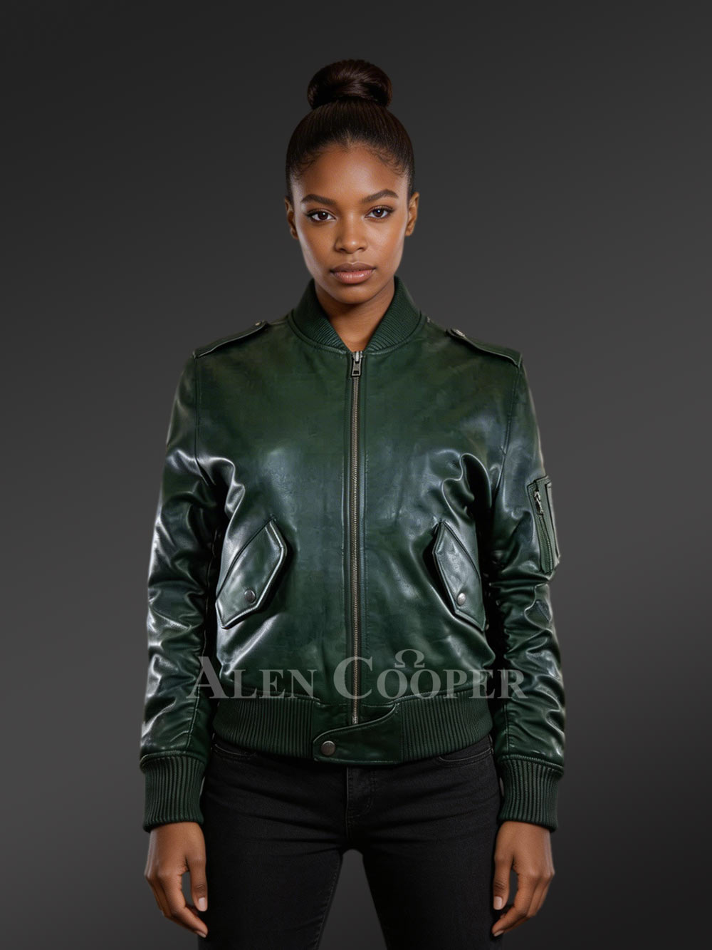 V Collar Italian Green Leather Jacket For Women