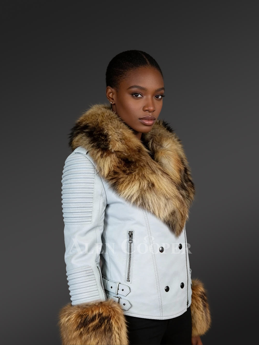 Authentic White Leather Jacket with Removable Fur Collar and Handcuffs - Image 2