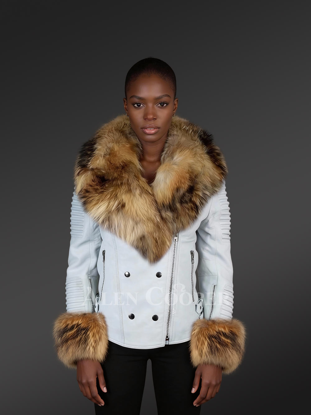 Authentic White Leather Jacket with Removable Fur Collar and Handcuffs