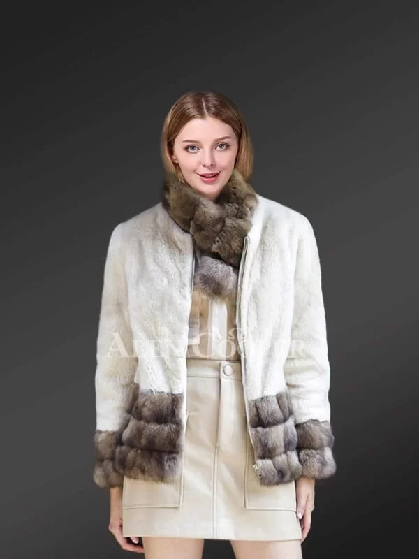 White Mink Fur Jacket With Sable Fur Trim - Image 2
