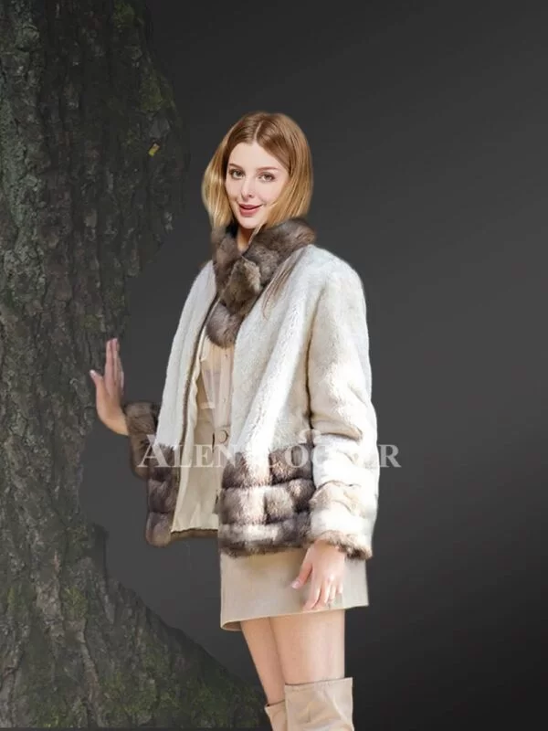 White Mink Fur Jacket With Sable Fur Trim - Image 3