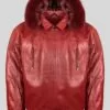 Wine Color Pure Leather Jacket with Real Fur Hood
