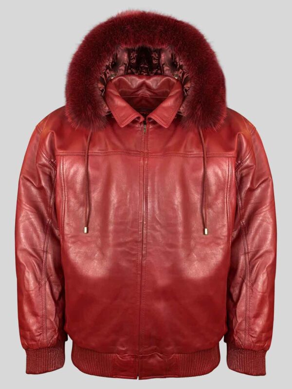 Wine Color Pure Leather Jacket with Real Fur Hood