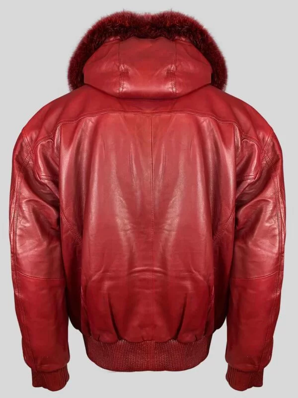 Mens Lambskin Red Bomber Jacket with Detachable Hood Bordered by Trims of Fur - Image 4