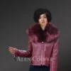 Wine Real leather Jacket with Raccoon fur collar for Womens