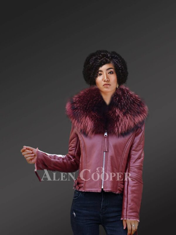 Wine Real leather Jacket with Raccoon fur collar for Womens