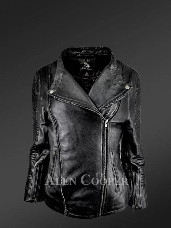 Women's Double Sided Zipper Motorcycle Jacket in Black - Image 2