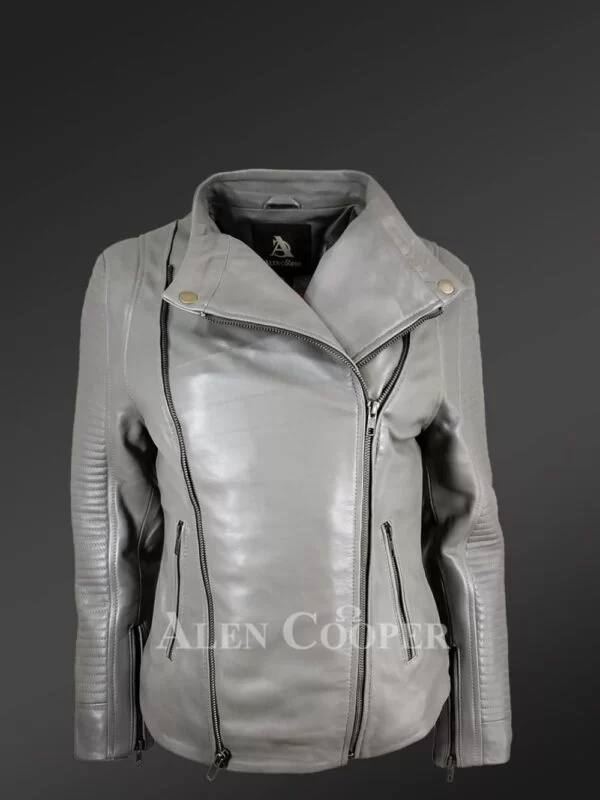 Women's Double Sided Zipper Motorcycle Jacket in Grey - Image 2