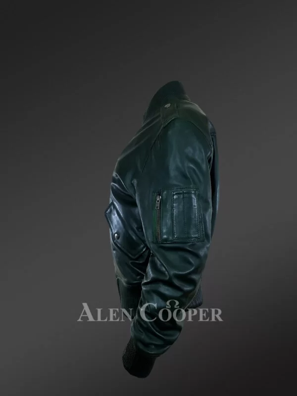 V Collar Italian Green Leather Jacket For Women - Image 2