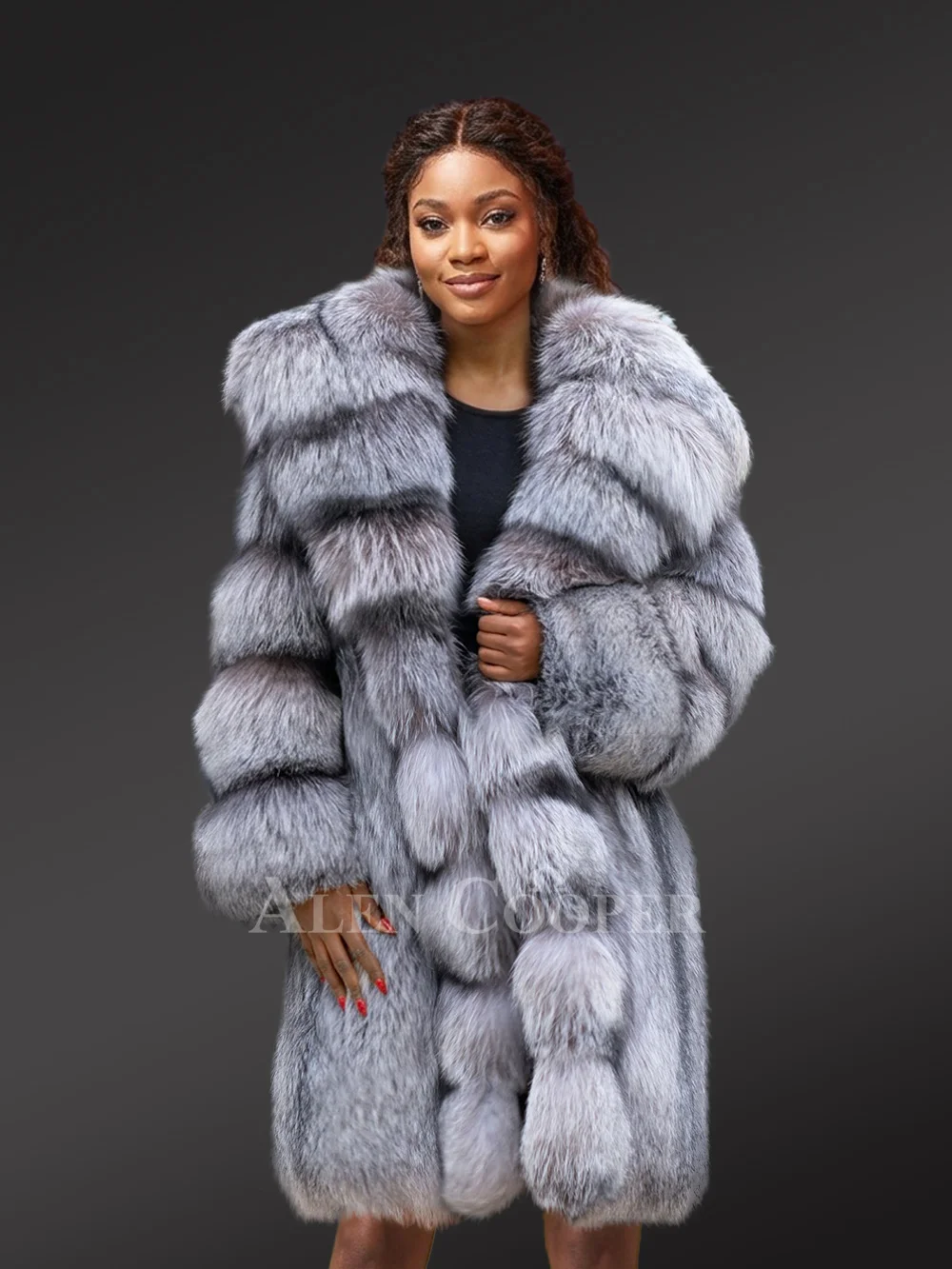 Women Long Coat in Fox Fur with Riveting Looks