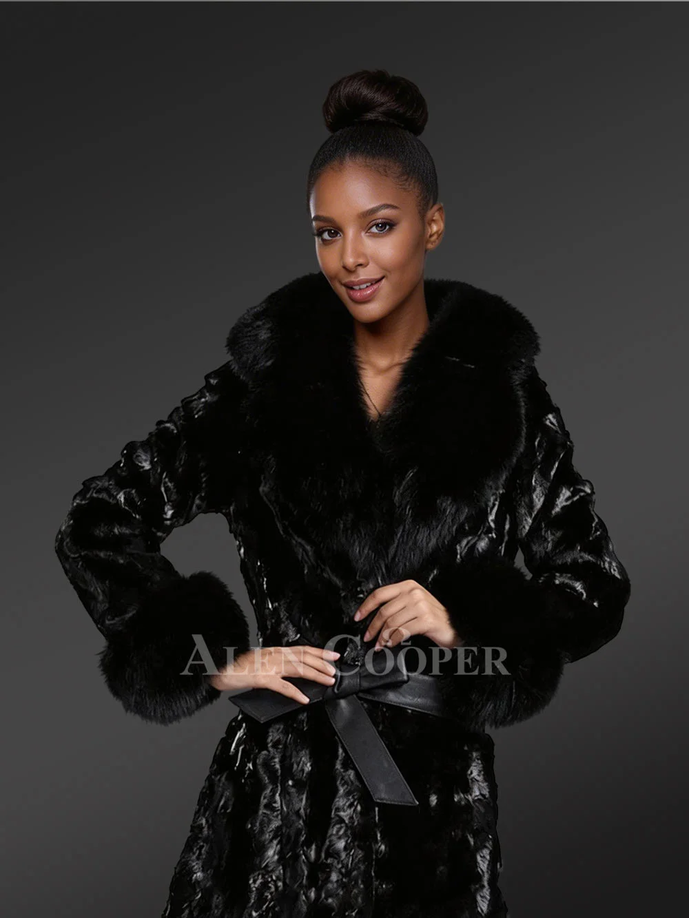 Women Long Coat in Mink Fur with Bow Tie Belt