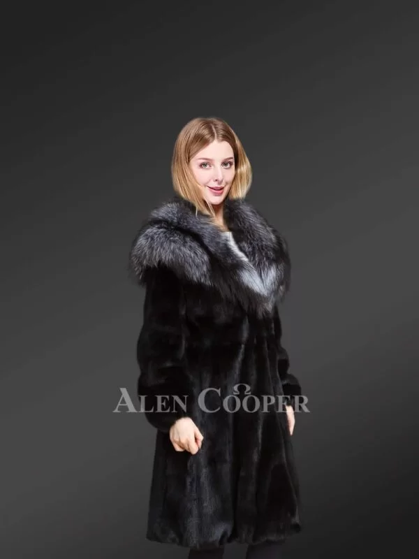 Women’s Mink Fur Coat with Silver Fox Fur Hood and Lapels - Image 3