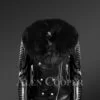 Women Motorcycle Biker Jacket with Detachable Fox Fur Collar And Piped Sleeves in Black