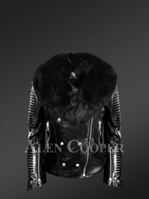 Women Motorcycle Biker Jacket with Detachable Fox Fur Collar And Piped Sleeves in Black