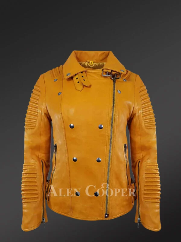 Women's Motorcycle Biker Jacket with Piped Sleeves in Yellow - Image 2