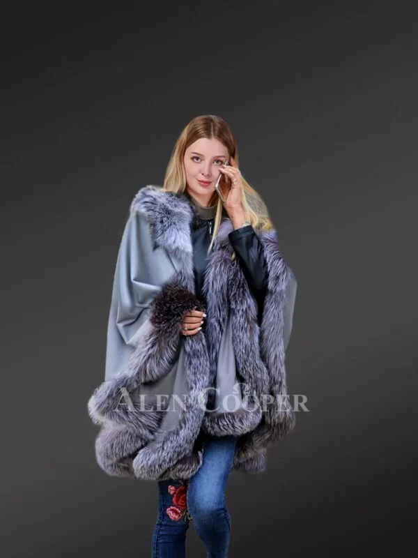 Womens Lambskin Poncho with Fox Fur Accentuation – Fashion-Forward Look with Cozy Warmth - Image 3