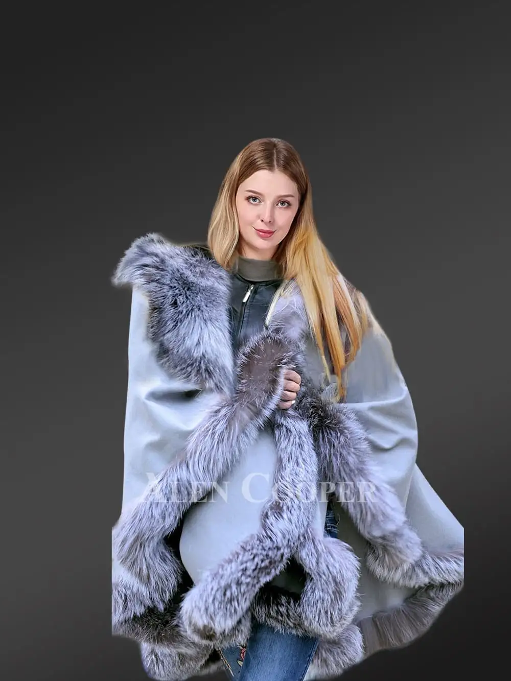 Womens Lambskin Poncho with Fox Fur Accentuation – Fashion-Forward Look with Cozy Warmth - Image 4