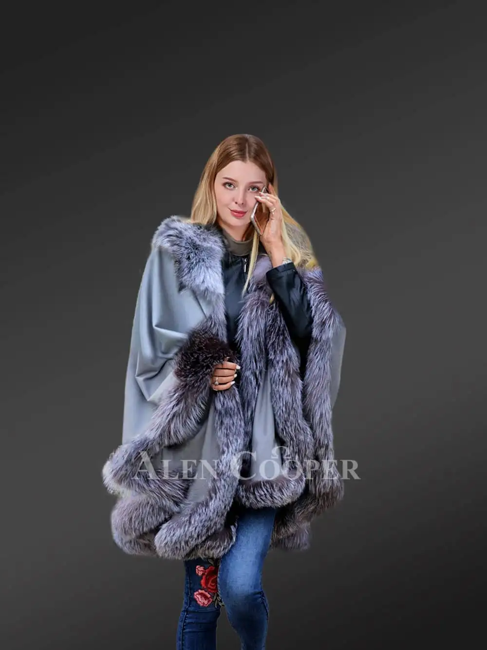 Womens Lambskin Poncho with Fox Fur Accentuation – Fashion-Forward Look with Cozy Warmth - Image 3