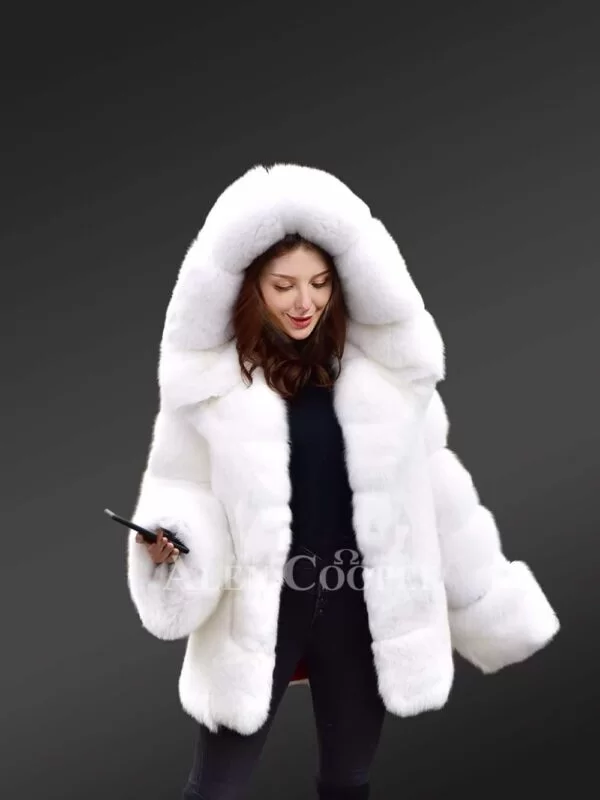 Fox Fur White Coat with Hood for A Graceful Look This Winter - Image 3