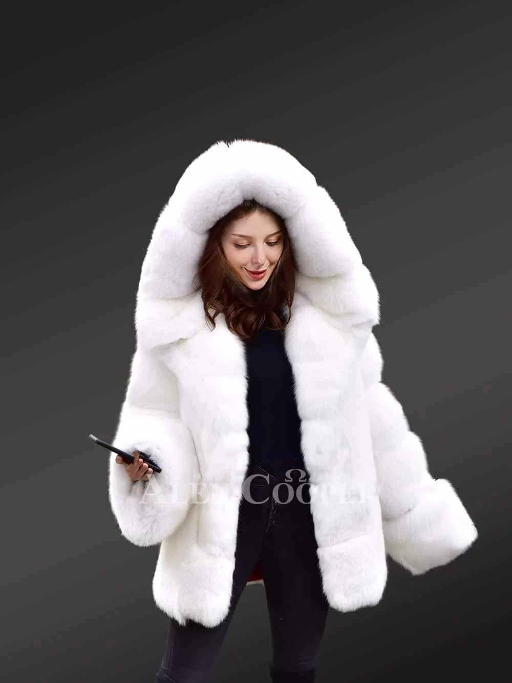 Women's White Fox Fur Coat with Hood