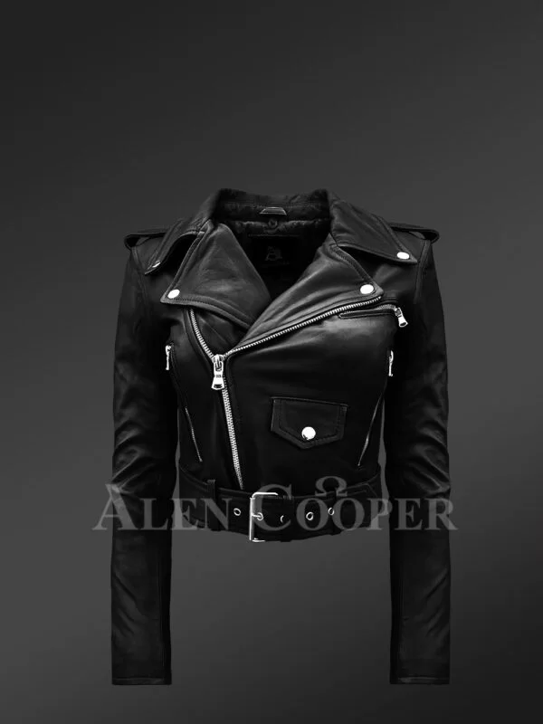 Super Stylish and Trendy Real Leather Black Biker Jacket with Pure Black Fox Fur Collar - Image 4