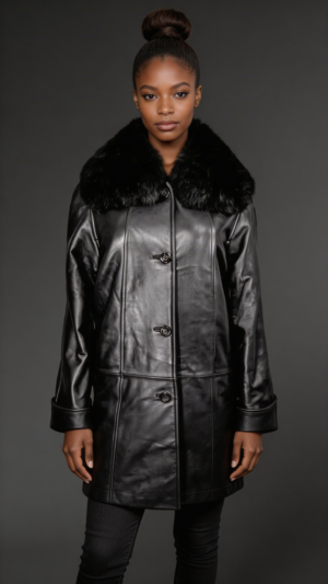 Women’s 100% Genuine Leather Overcoat with Detachable Fox Fur Collar