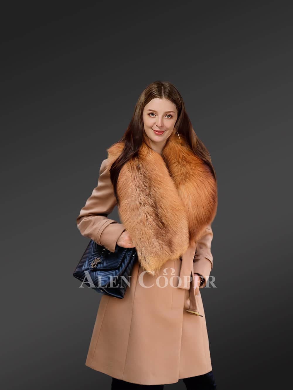 Brown Cross Mink Fur 3/4 Coat w/ Fox Trim