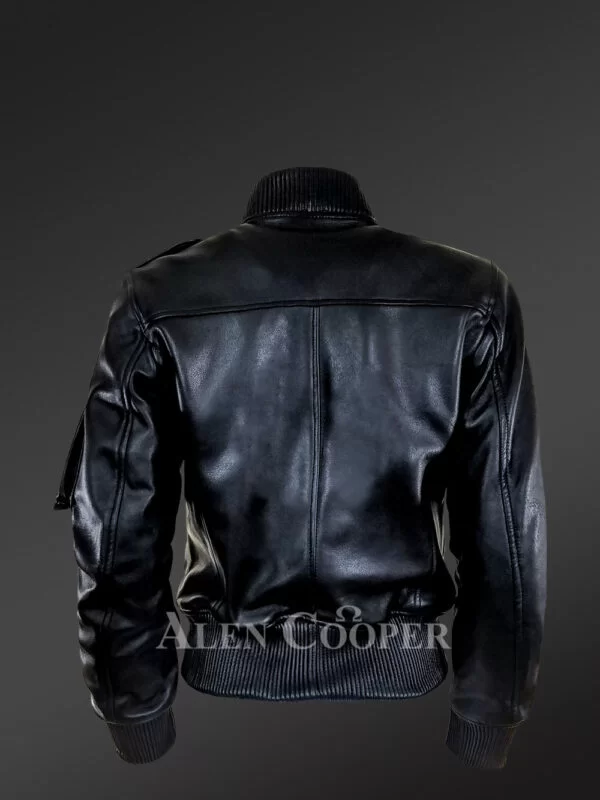 Stylish Leather Bomber Jacket with Flap Pockets and Popper Closure - Image 3