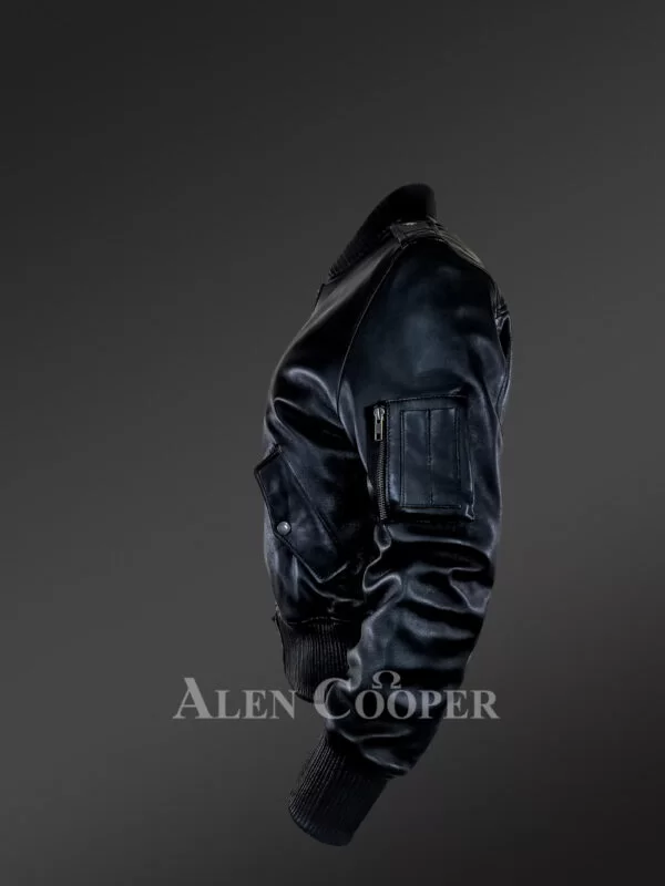 Stylish Leather Bomber Jacket with Flap Pockets and Popper Closure - Image 2