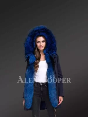 Women’s Arctic fox fur hybrid navy parka convertibles